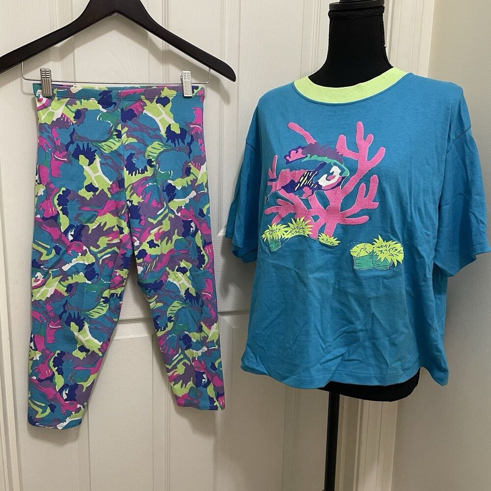 Vintage Jacques Moret 80s Neon Capri Leggings & Top Set Exercise Dance Party